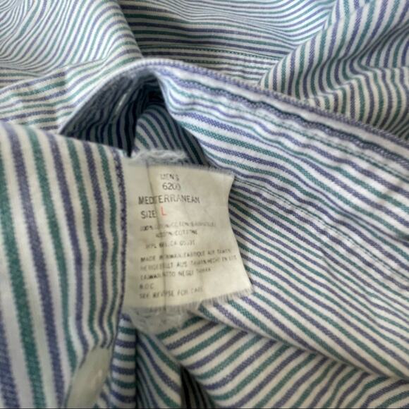 Vintage 1990s Woolrich Button Down Shirt Short Sleeve Stripe Blue Green Men L - Picture 4 of 11